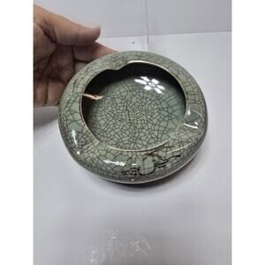 Vintage Somayaki Gold Green Double Wall Crackle Heart Cutout Ash Tray Japan